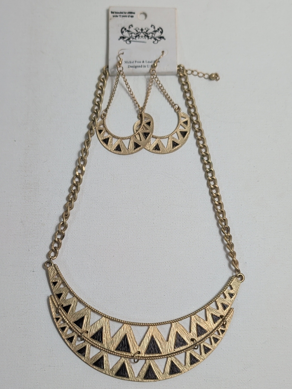 Vintage Geometric Bib Necklace and Dangle Earrings Set